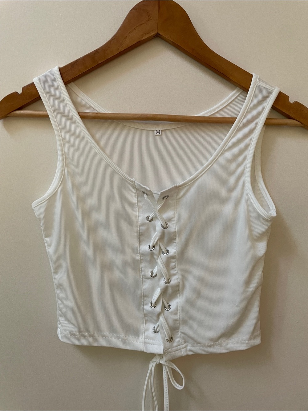 (2 for $20) White Lace-Up Ribbed Tank Top - Picture 2 of 6
